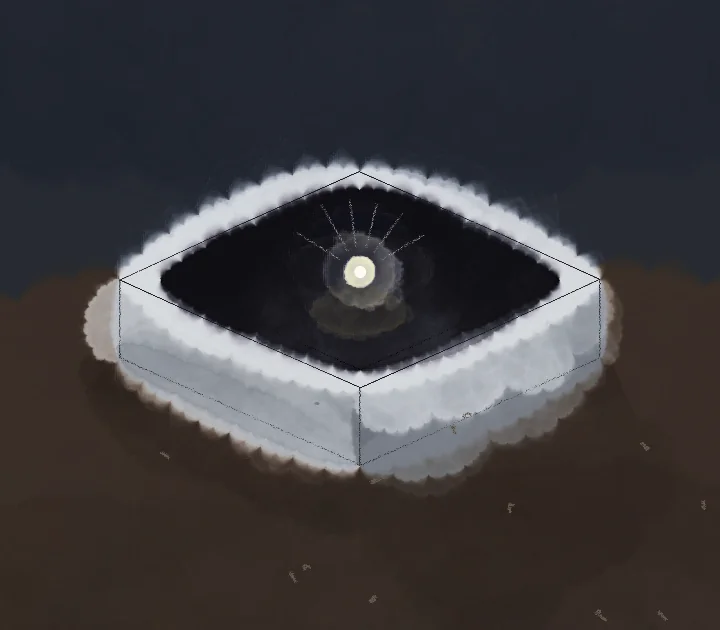A Mac mini seen from above with its lid lifted off; inside, a dark cavity holding a single glowing point of light; the front indicator light is off.