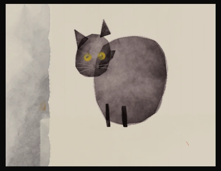 A round dark grey-black cat standing sideways on cream paper, looking at the viewer with yellow eyes.
