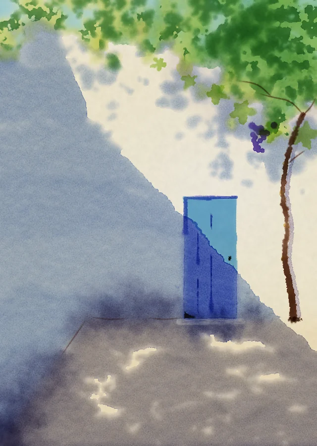 Watercolour of a summer alley: a sunlit white wall under a grape trellis, with a diagonal blue-grey shadow from the building on the left covering the left wall and the ground and cutting across a blue door. The door's upper right half is bright cyan in the sun, its lower left half deep blue in shadow. Green leaves and a small bunch of purple grapes hang at the top right, a thin brown vine climbs the wall, and patches of light dapple the ground.