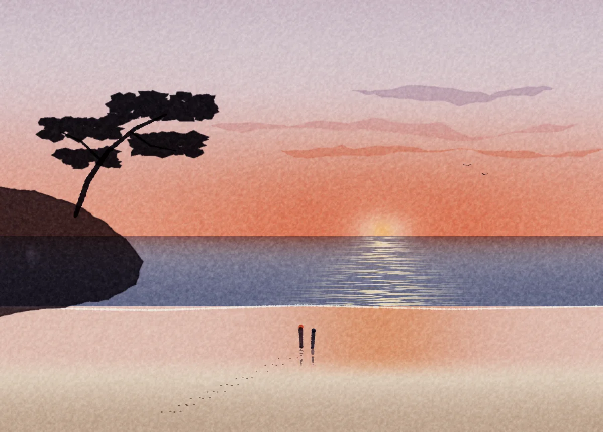 Watercolour sunset on a Pacific beach: the sun touching the sea, a wind-shaped Monterey cypress on a cliff, two lines of footprints ending at the wet sand, two small figures, one with pink-orange hair and one with dark blue hair.