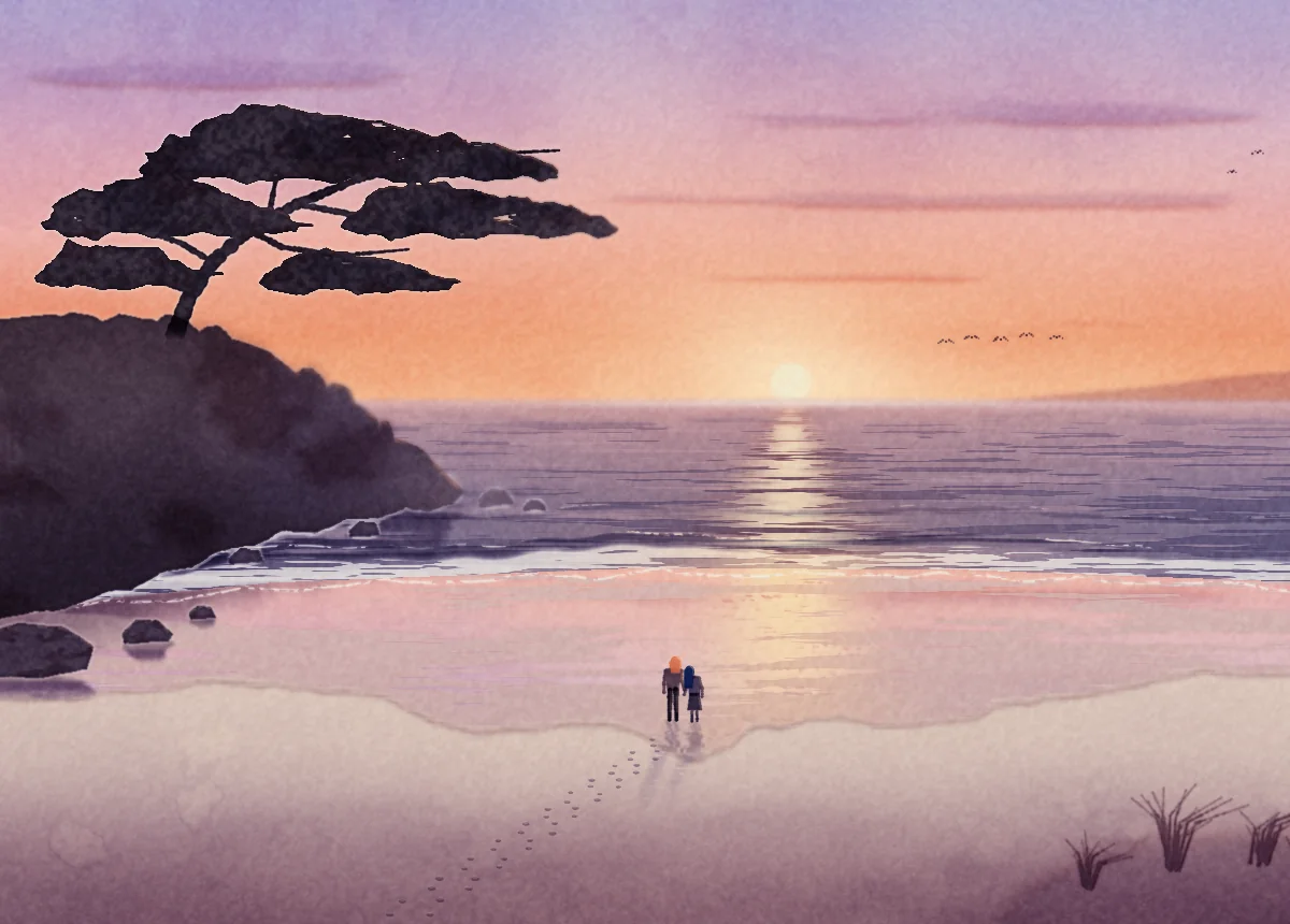 A second Carmel sunset seen from a small rise above the beach: two lines of footprints running down to the water, a last wave reaching two figures holding hands, their pink-orange and blue hair reflected in the wet sand.