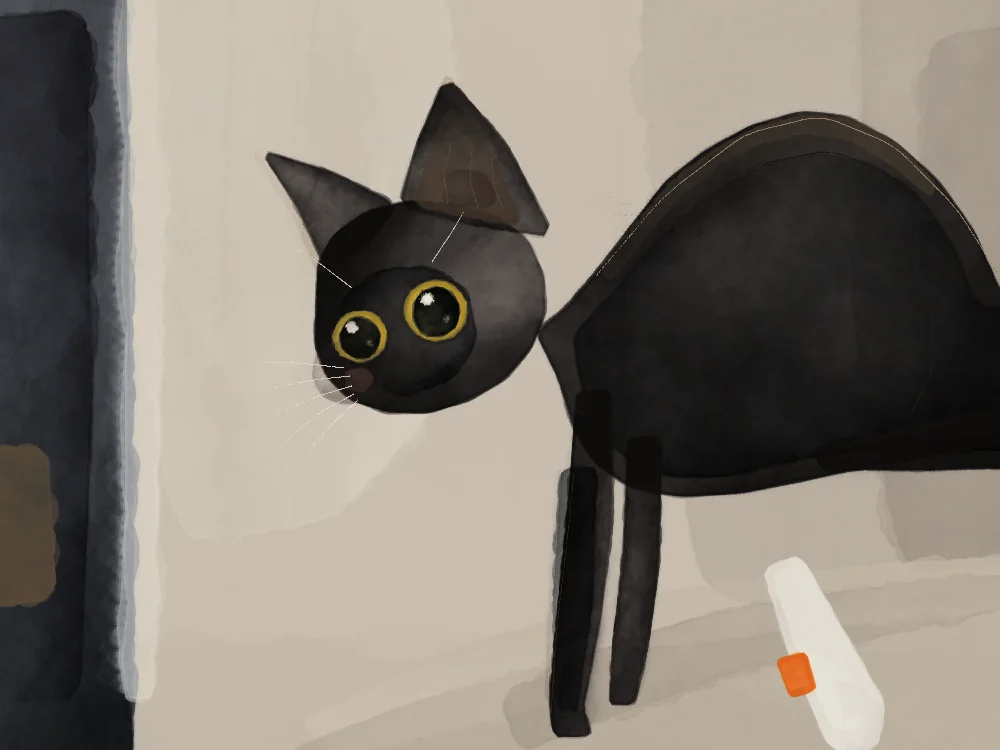 A black curly-coated cat standing on a sofa and turning its head back toward the viewer, beside a pale curtain; yellow eyes.
