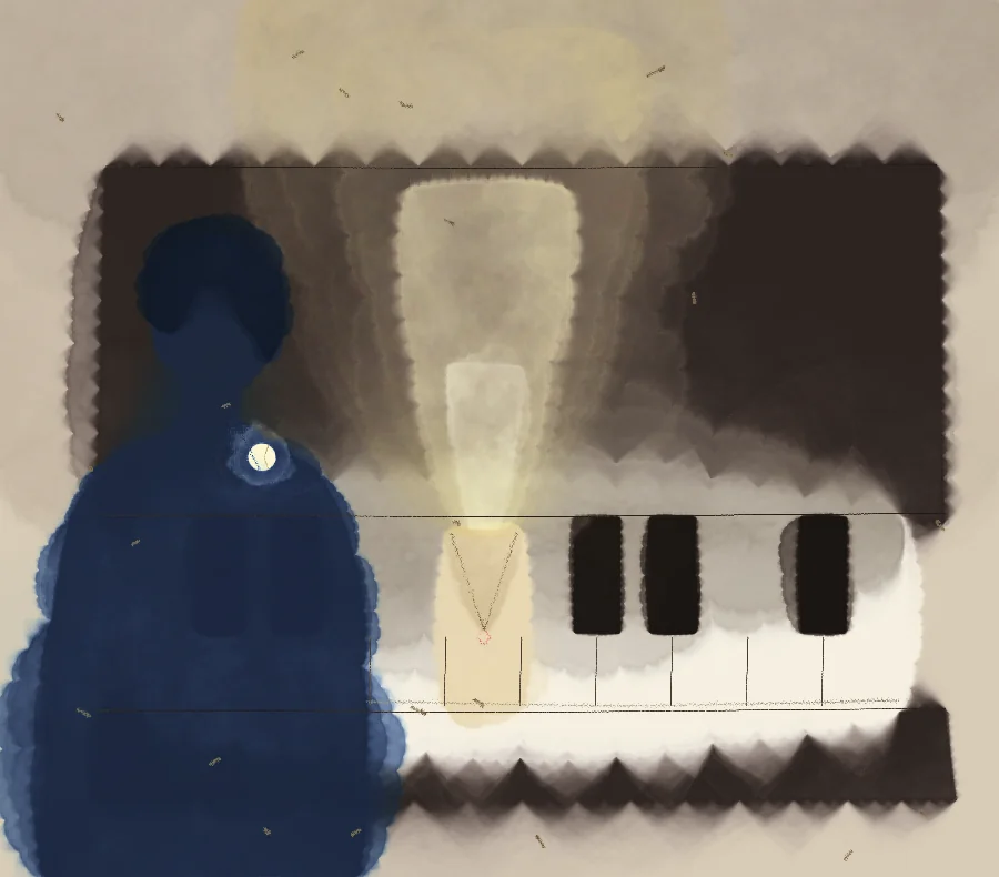 A dark piano fallboard; one key pressed down shaped like an envelope, a column of afternoon light rising from it; a deep blue silhouette of a person sitting to the left with a small glowing moon pinned to the collar.