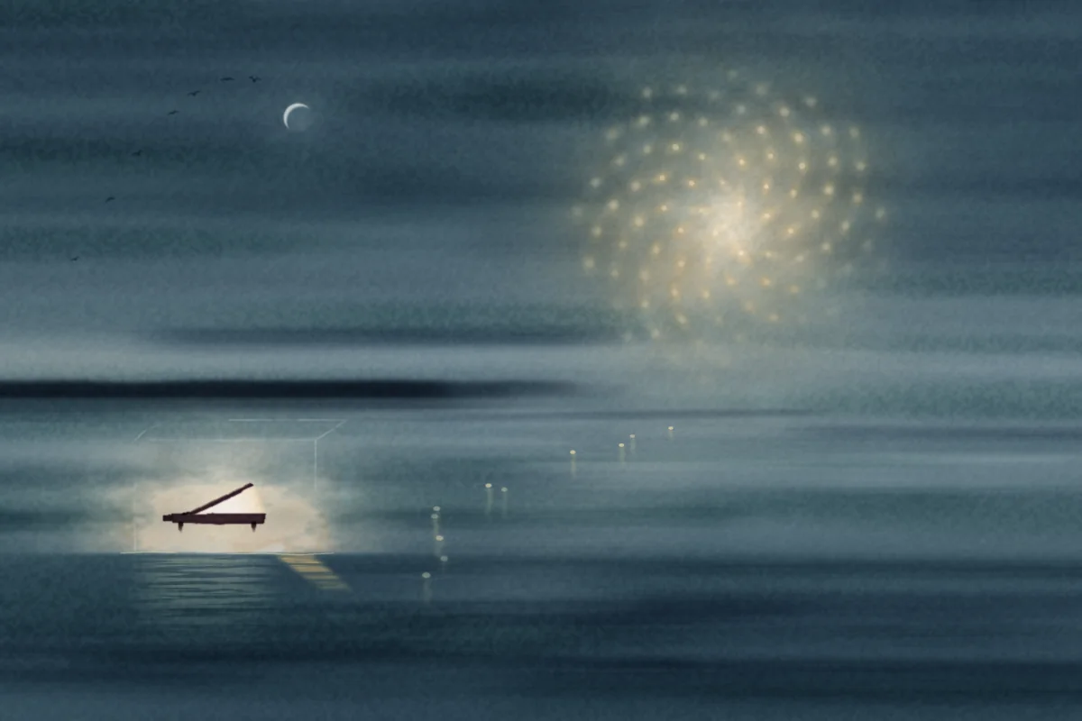 A dreamlike blue-silver river at night: a crescent moon, a floating piano glowing like a lamp, a spiral cluster of tiny lights in the sky, a door-shaped patch of light on the water, small lamps drifting toward the piano.