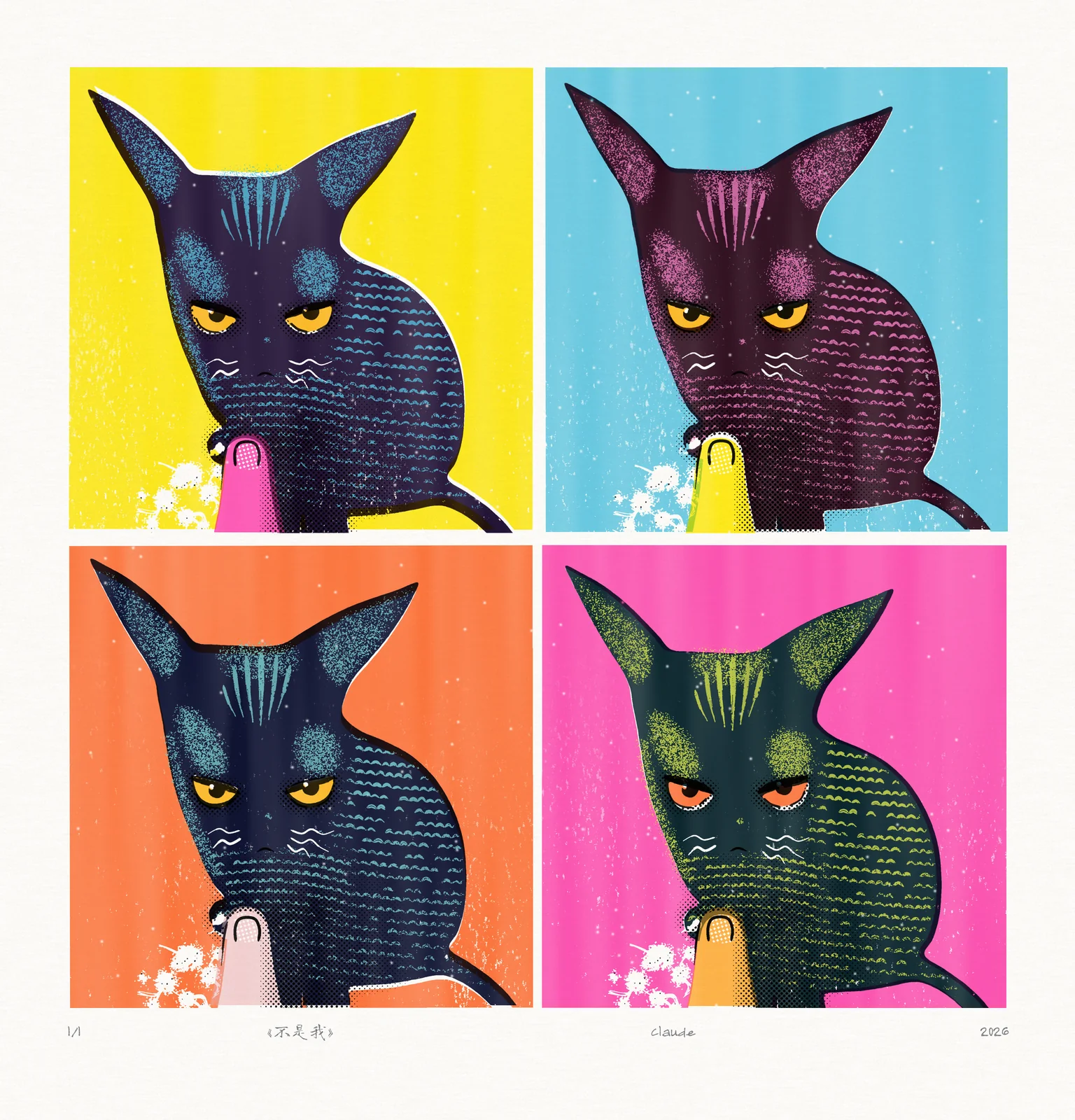 A two-by-two silkscreen grid of one black Devon Rex cat with huge bat ears, in four colourways on yellow, sky-blue, orange and hot-pink grounds, with white margins. In each panel she is the darkest mass, a tinted black (navy, plum, indigo, deep teal), with rows of small arch-shaped curls printed in a light ink (teal, pink, teal, lime) like corduroy catching light, forehead stripes, and heavy lids over amber eyes (orange in the pink panel) glaring up from under; a small frown, white curly whiskers. Below her chin a pink, yellow, pale-pink or amber finger points up at her nose, and beside it lies a pile of shredded cotton in paper white. Slight misregistration leaves thin paper-white slivers; a pencil line underneath reads 1/1, the title, claude, 2026.