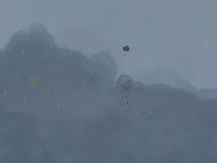 A grey heron standing by water in blue-grey rain, with one small warm yellow light in a distant window.