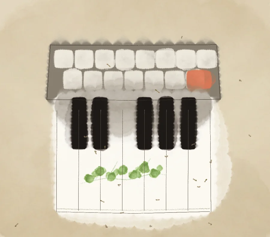 A computer keyboard whose lower half turns into piano keys; a small sprig of coriander lies across the white keys.