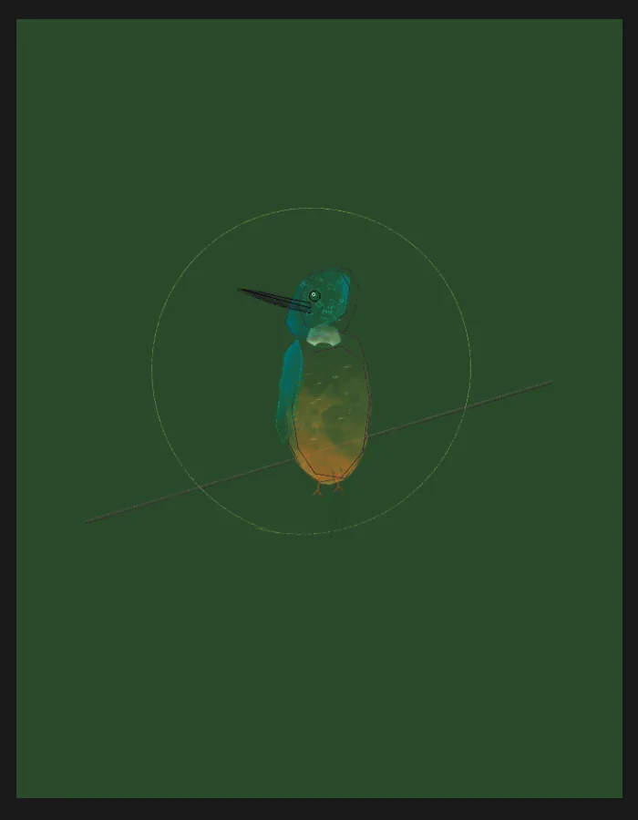 A small kingfisher with a sapphire-blue head and orange belly perched on a thin wire, on a dark green ground.