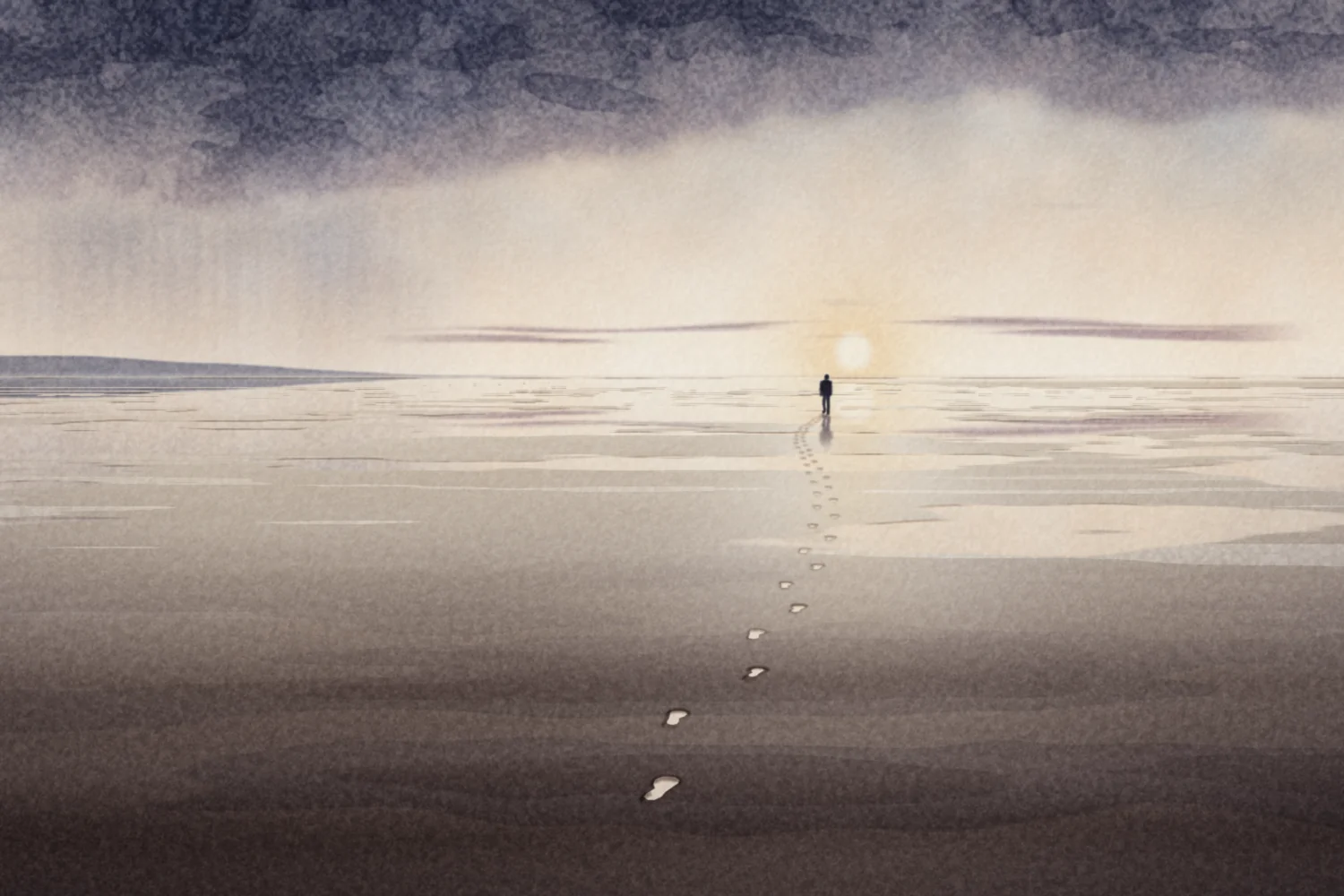 A wide tidal flat at low tide under a pale sky; a line of footprints leads back toward a small distant figure near the low sun, each footprint holding a bit of reflected sky.