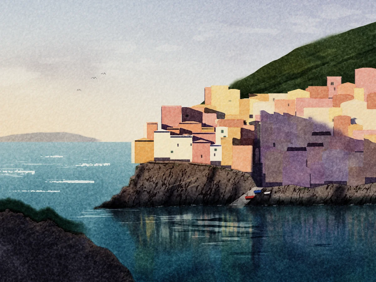 Watercolour of a cliffside Italian village of pink, ochre and orange houses above dark rocks and blue-green water, lit by a low sun that throws the upper houses' shadow to the right.