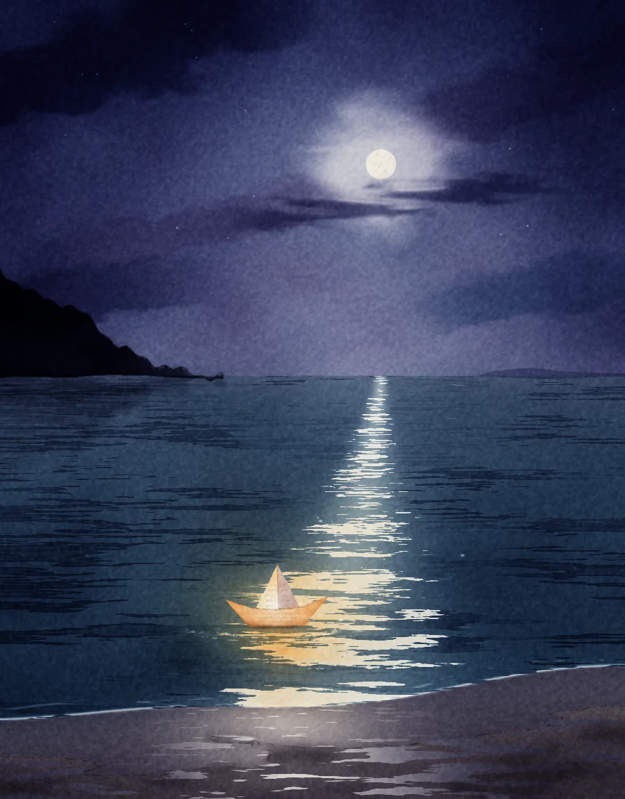 A full moon over a dark sea; a broken silver path of moonlight runs across the water to the shore, and on it floats a small paper boat with a lit candle inside.