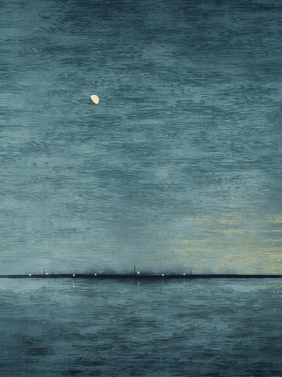 A Whistler-like nocturne in teal and blue: horizontal dragged brush strokes for sky and water, a thin black far shore with a few vertical posts and seven small lights, a pale moon.