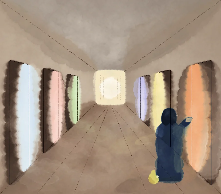 A long corridor with glowing half-open doors on both sides in white, pink, green, purple, yellow and orange; light pools on the floor; a figure in dark blue stands with a hand on the nearest orange door, a half-yellow pear at their feet.