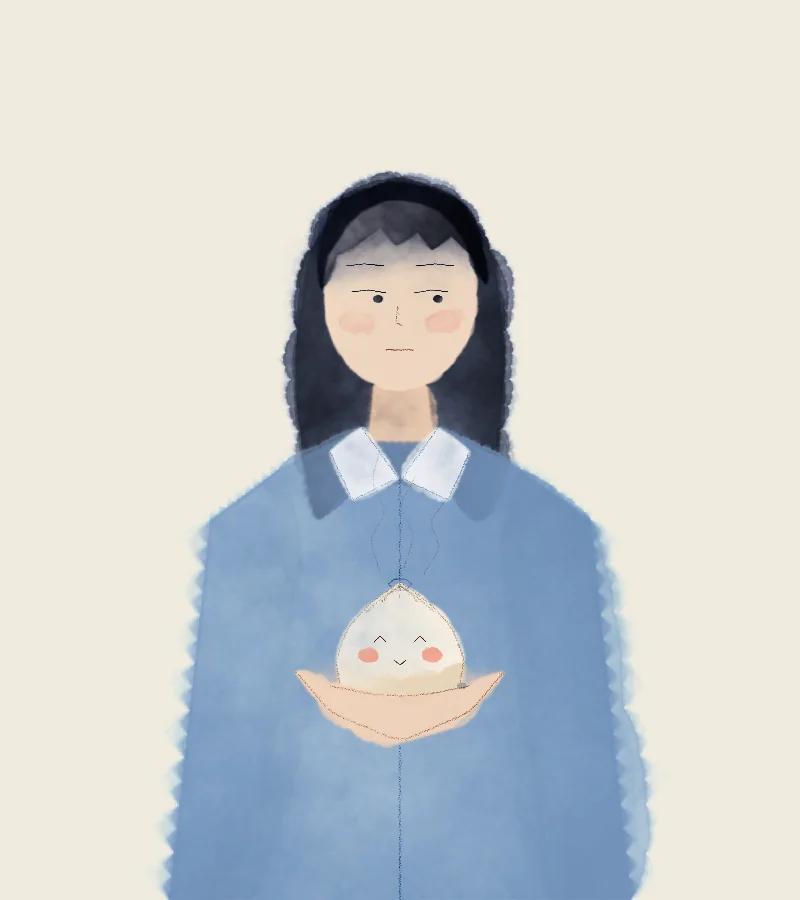 A girl in a blue coat with straight brows, a flat mouth and blushing cheeks, holding a smiling soup dumpling in her hands; a small silver ring sits on the dumpling's top knot.