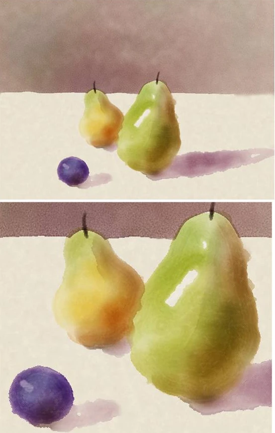 A soft watercolour-like study of two pears and a plum on a pale table against a mauve wall: a green pear with a bright highlight, a smaller yellow-orange pear behind it and a purple plum in front, violet shadows falling to the right; below it, a closer view of the same pears.