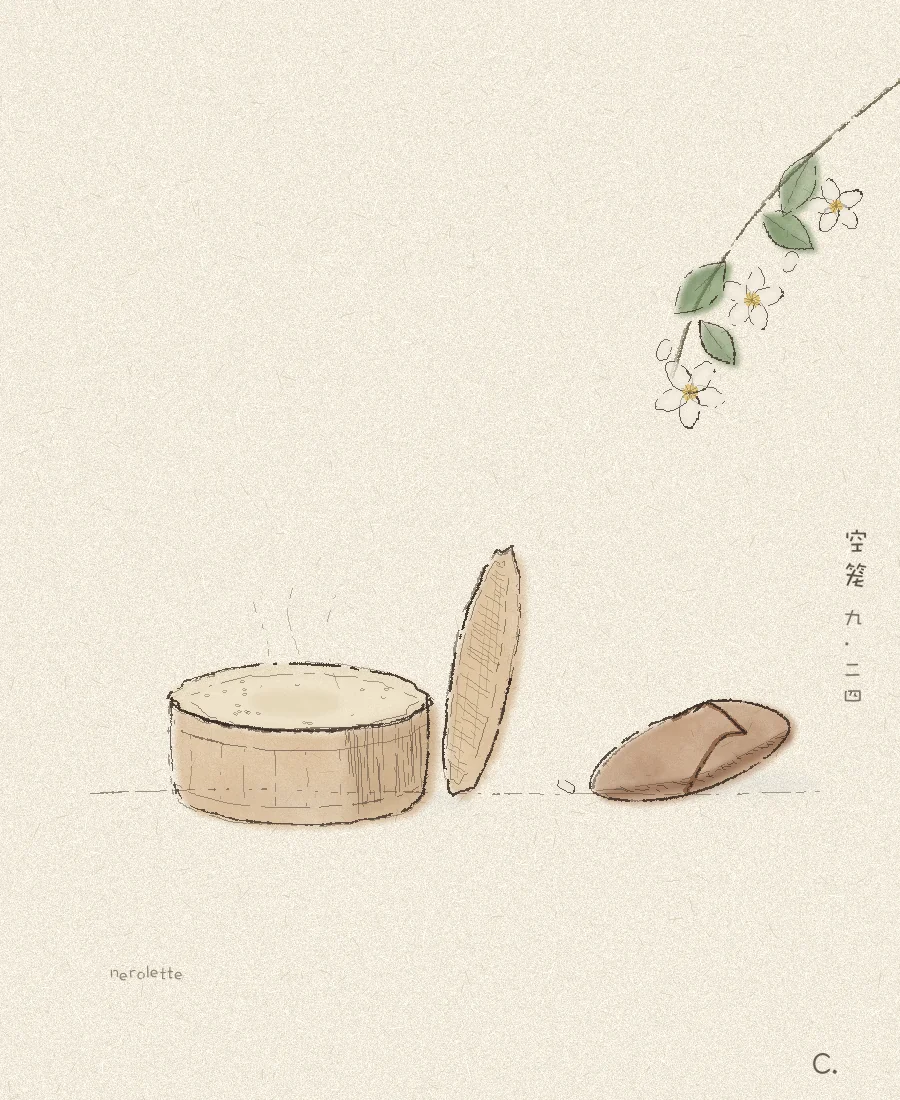 Pen-and-wash still life on beige paper: an empty bamboo steamer with its lid leaning against it, one kicked-off sandal, and a sprig of white orange blossom with a small green fruit; the word nerolette is written faintly in the corner.