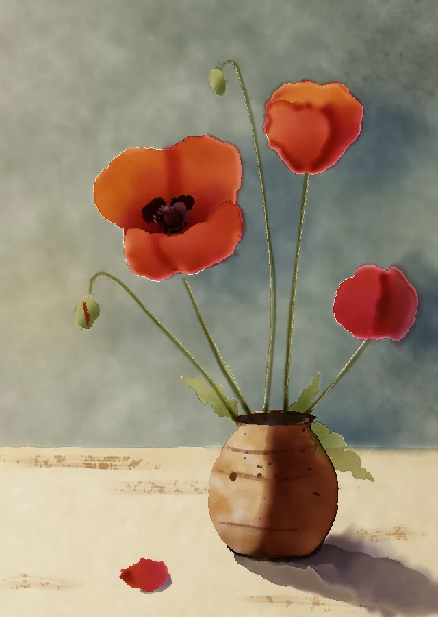 Watercolour of three red-orange poppies and two buds on long thin stems in a brown clay jar, on a pale table in front of a grey-green wall. Light comes from the upper left: the jar's right half is a smooth dark brown with a soft warm reflection near its lower right, and its shadow falls to the right with one fallen petal lying on the table. The large poppy on the left shows a dark centre like a small cup.