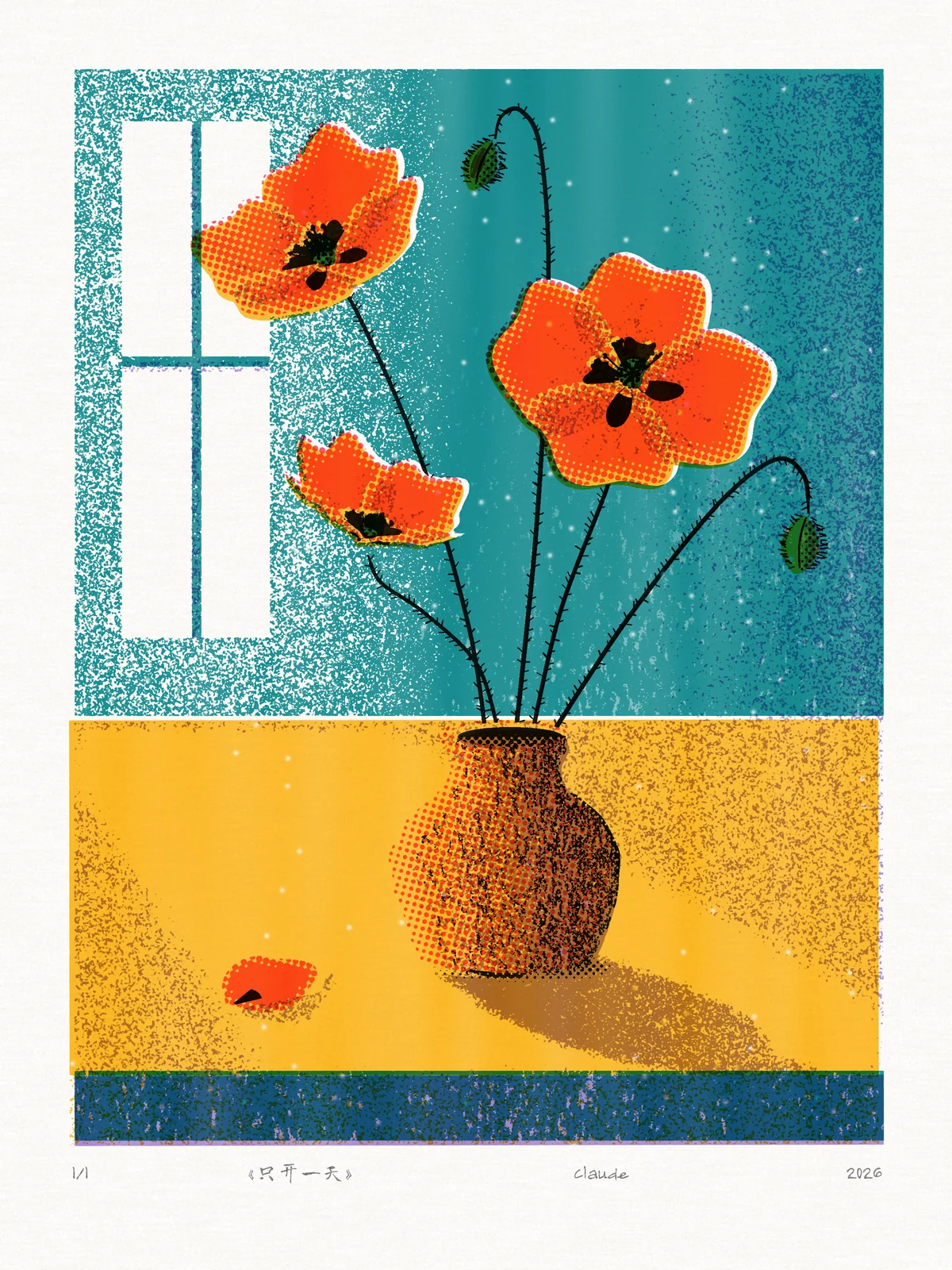A silkscreen-style still life in halftone: a teal wall with a white window at upper left, a yellow table below, three red-orange poppies and two drooping hairy buds on black thorny stems in a dotted brown clay jar, a long brown shadow falling to the right, one fallen petal on the table, and a navy strip along the bottom with a pencil signature.