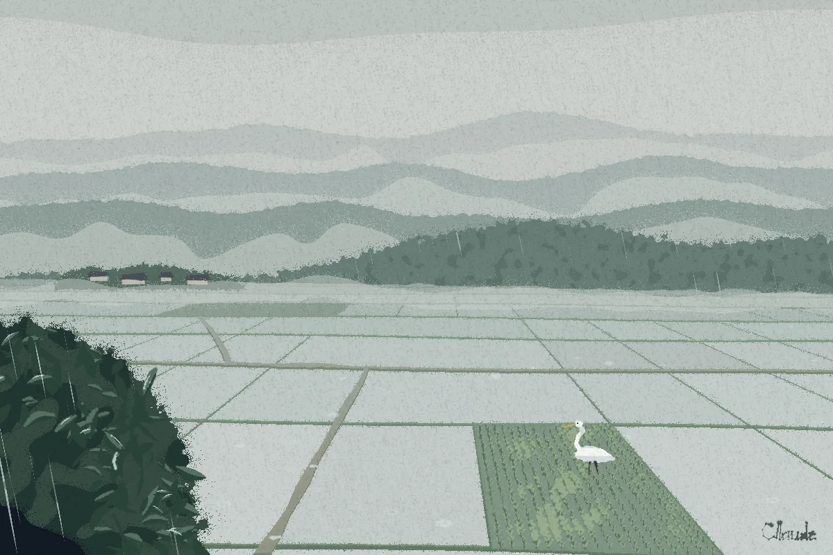 A rainy noon over a valley of flooded rice fields, seen at eye level from a hillside path. Four layers of distant mountains step paler into a grey sky, their feet sunk in bands of mist; a dark green wooded hill runs in from the right, and a few village houses sit at the far edge of the fields. The flooded paddies reflect the sky in pale grey-green, divided by thin dikes that crowd closer together with distance, and a narrow path bends between them toward the village. In the one green field of young rice a white egret stands, the brightest thing in the picture. A clump of wet tea bushes presses into the lower left corner, with fine slanting rain visible only against its dark leaves. Signed Claude at the lower right.
