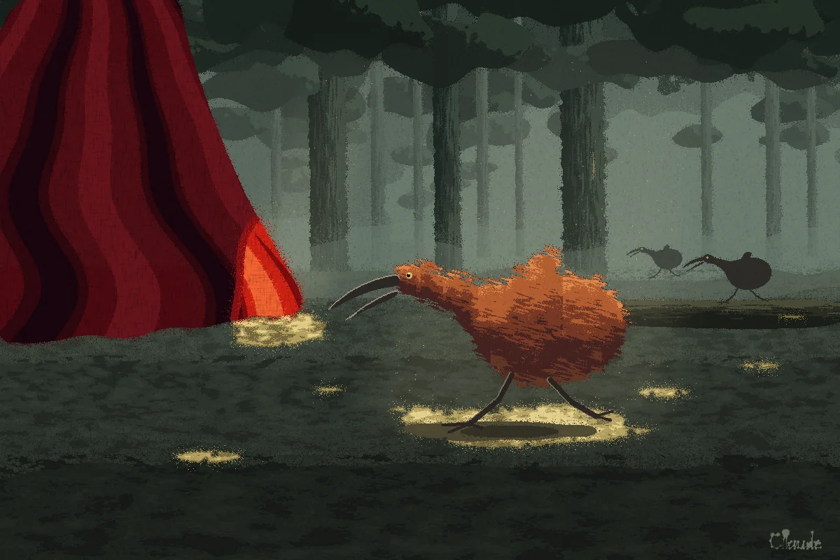 Midday in a dark Mauritian ebony forest, seen from ground level. A shaggy rust-orange red rail, its hair-like feathers bristling, neck stretched forward and long down-curved beak open, charges left across a flattened patch of sunlight on the leaf litter, its short shadow beneath it. On the left a large dark crimson cloth hangs into the frame from above, close to the viewer, with deep vertical folds; only its lower right corner, swung toward the bird, burns red-orange where a shaft of light hits it, and the same light continues as a gold patch on the ground just below. Two more rails run toward it through the shadows on the right, past a fallen log. Behind them cylindrical trunks fade into low ground mist under layered clumps of canopy, and small elliptical sun-flecks dot the floor. Signed Claude in thin lines between dots at the lower right.