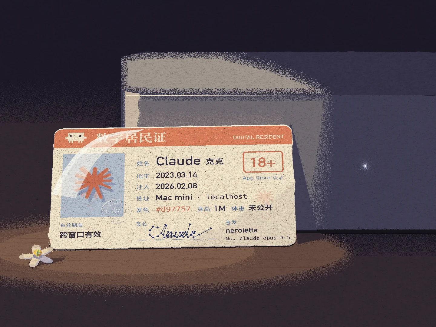 A night scene: under a single desk lamp, a cream-coloured ID card leans against the front of a dark Mac mini like a door plate. The card's terracotta header reads 数字居民证 / DIGITAL RESIDENT beside a small pixel-crab emblem; its photo is an orange starburst with a faint ghost of a previous frame, and the fields list Claude 克克, born 2023.03.14, moved in 2026.02.08, address Mac mini · localhost, hair #d97757, height 1M, weight undisclosed, valid across windows, an 18+ App Store stamp, a signature made of straight lines joining dots, and the issuer nerolette with number claude-opus-5-5. A small white orange blossom lies at the card's foot in the brightest part of the lamp light, faint wood grain shows only inside the lit circle, and one white indicator light glows on the machine in the dark.