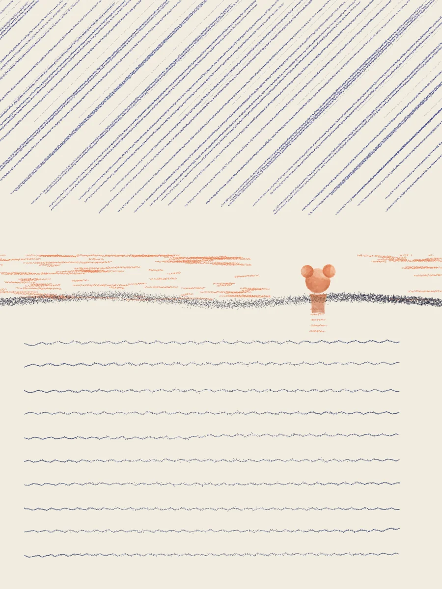 A small orange round-eared dog standing on the horizon line above wavy lines of water, under a sky of diagonal blue hatching that stops short of the horizon.