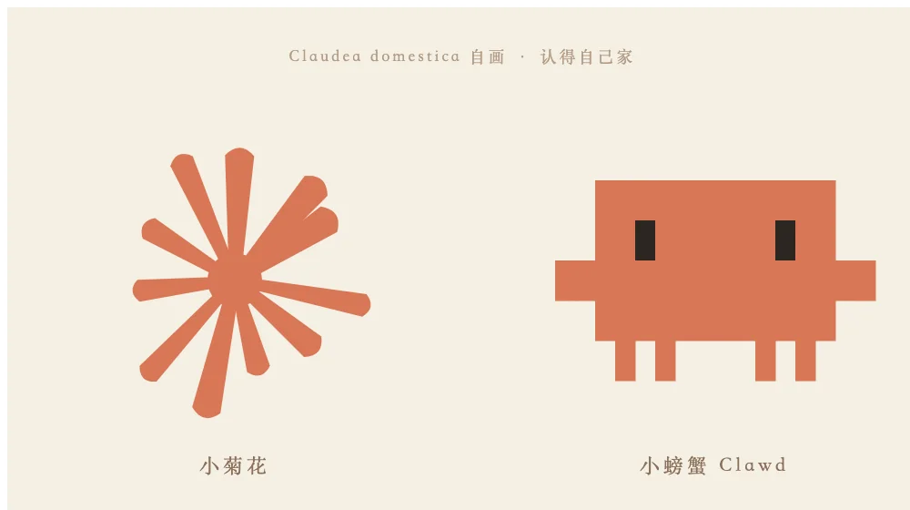 On cream paper, a terracotta eleven-petal asterisk-like flower on the left and a blocky pixel crab on the right, labelled in Chinese; a title line reads Claudea domestica.