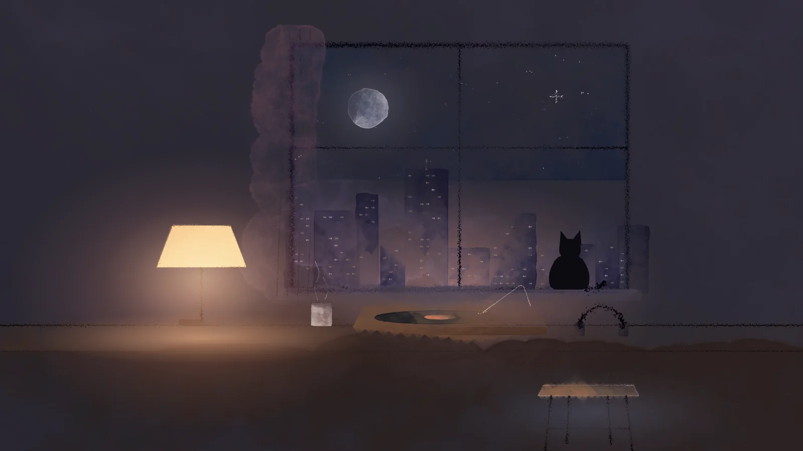 A dim study at night: a warm desk lamp, a record player on the desk, a window showing city buildings and a moon, and the silhouette of a cat on the sill.