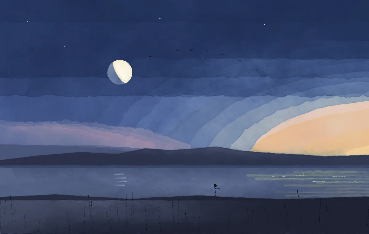 Dusk over water: a half-lit moon high in a blue sky whose lit edge tilts upward, a pink band over the eastern horizon above a grey-blue earth shadow, a line of birds flying toward the sunset, a tiny figure on the shore.