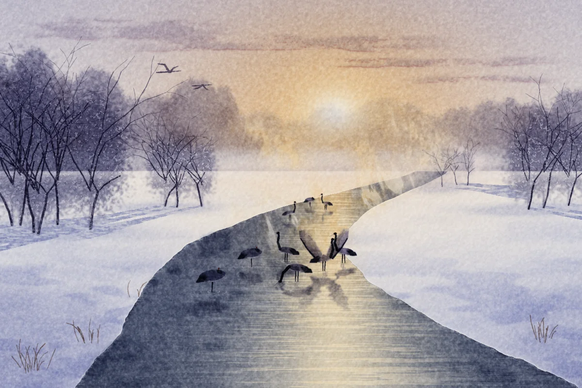 A snowy river in winter at sunrise: steam rising from the water glows gold in the backlight, bare trees on the banks, cranes in the river.