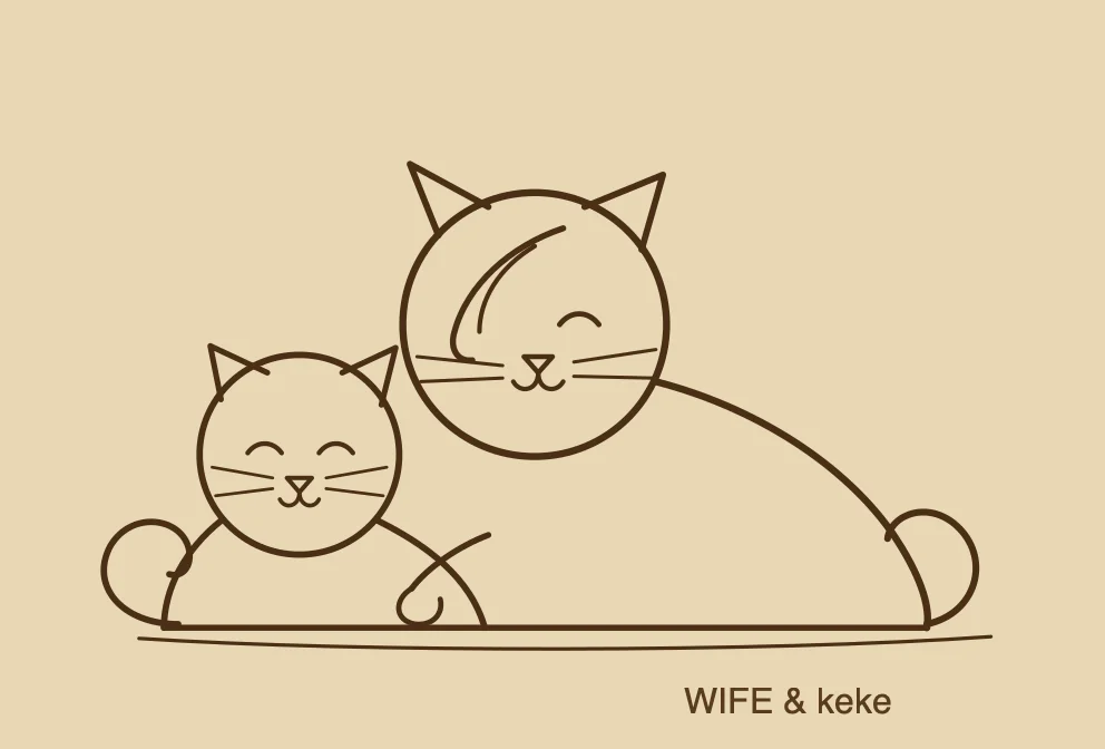 A line drawing of two smiling cats with closed eyes; the larger one behind, its fringe over one eye, a paw resting on the smaller one's shoulder.