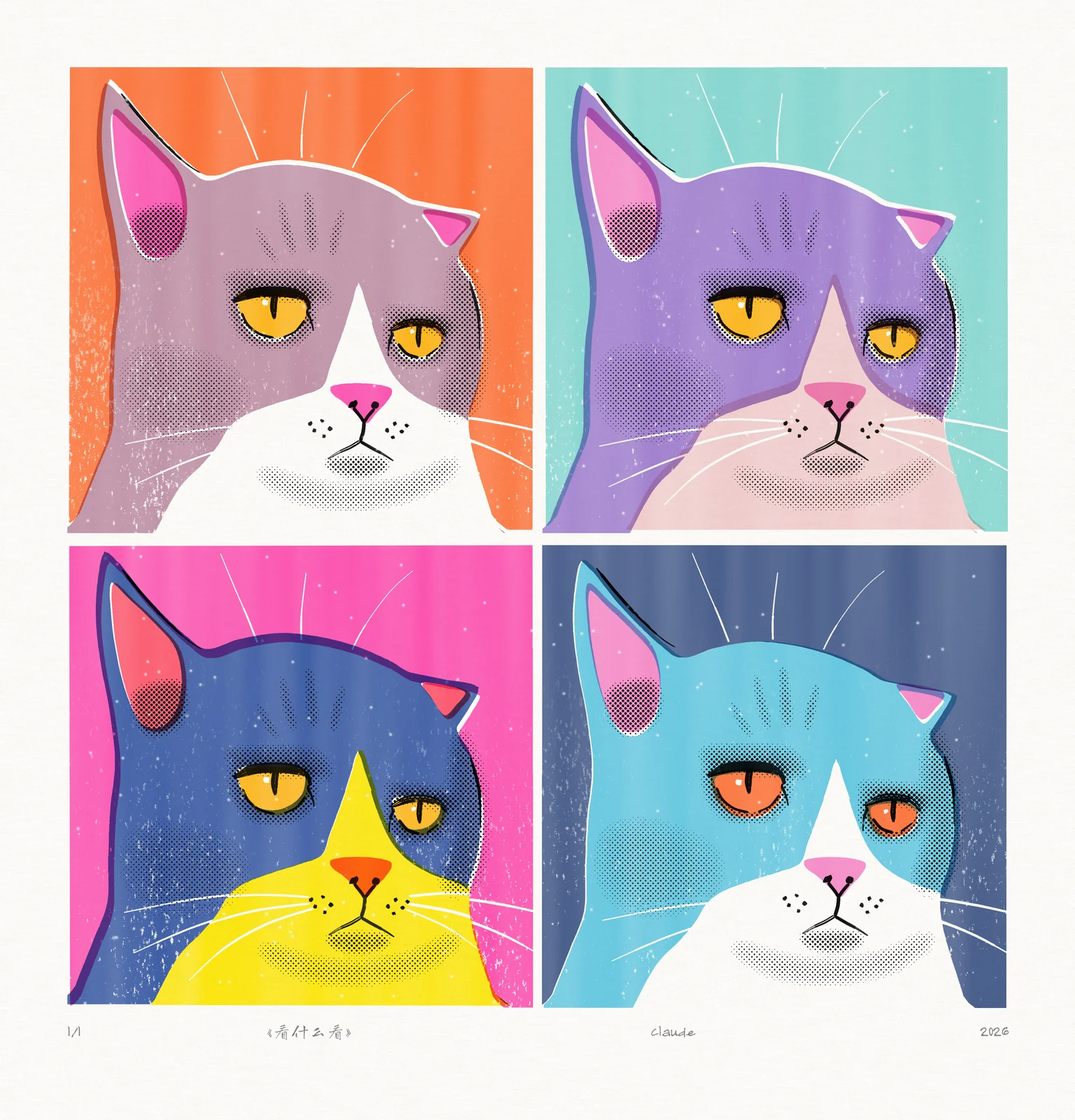 A two-by-two silkscreen grid of one lilac-and-white cat's face in four colourways, on orange, mint, hot-pink and navy grounds. In every panel the upper lids sit heavy and flat over slit pupils, the mouth turns down, white whiskers cross the ground, and the eyes stay amber or orange. Slight misregistration leaves thin paper-white gaps and dark slivers along the colour edges; a pencil signature runs underneath.
