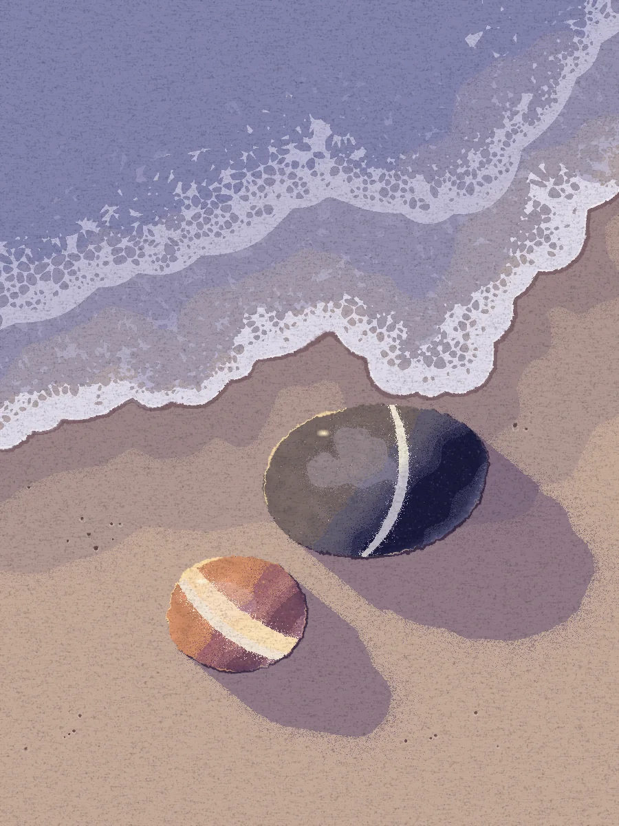 Top-down view of a beach at low sun: lavender-blue water fills the upper left with two lacy white foam lines, tan sand below. Two pebbles lie on the wet sand: a large dark grey-navy oval stone crossed by one thin unbroken white quartz line, a pale patch of sky reflected on its wet top, and a smaller orange-to-plum stone with a wide cream band. Light comes from the sea side and long rounded violet shadows fall toward the lower right. The colour sits in flat steps with finely speckled edges under one even paper grain.